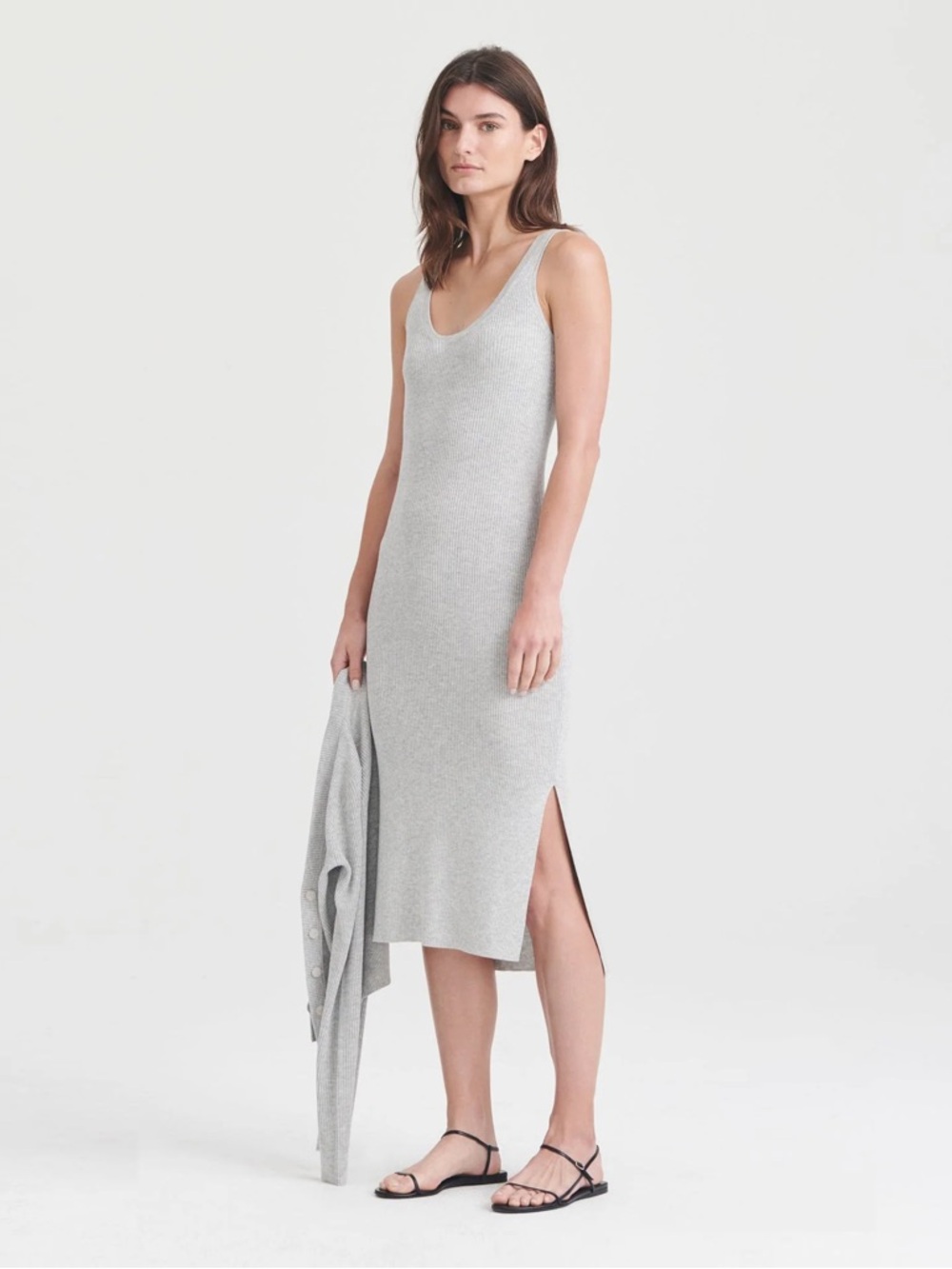 NWT NAADAM Silk Cashmere Ribbed Midi Tank Dress - Cement Gray